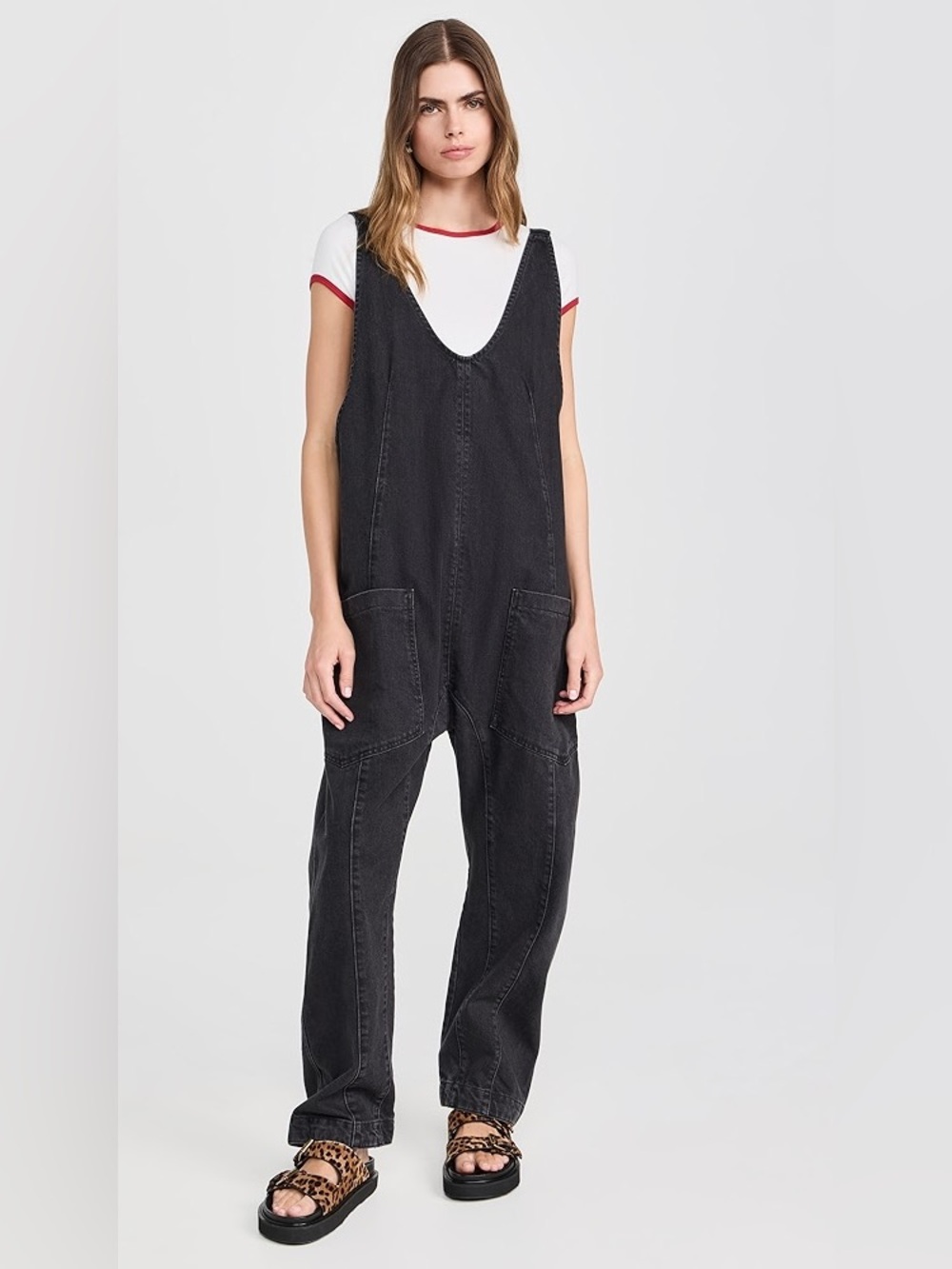 Free People We The Free High Roller Denim Jumpsuit Washed Black Size Medium